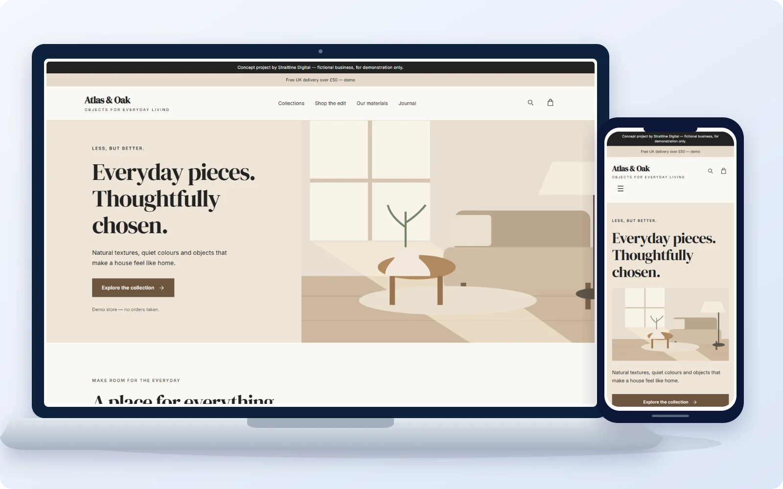 Atlas and Oak Home online store website concept on laptop and phone