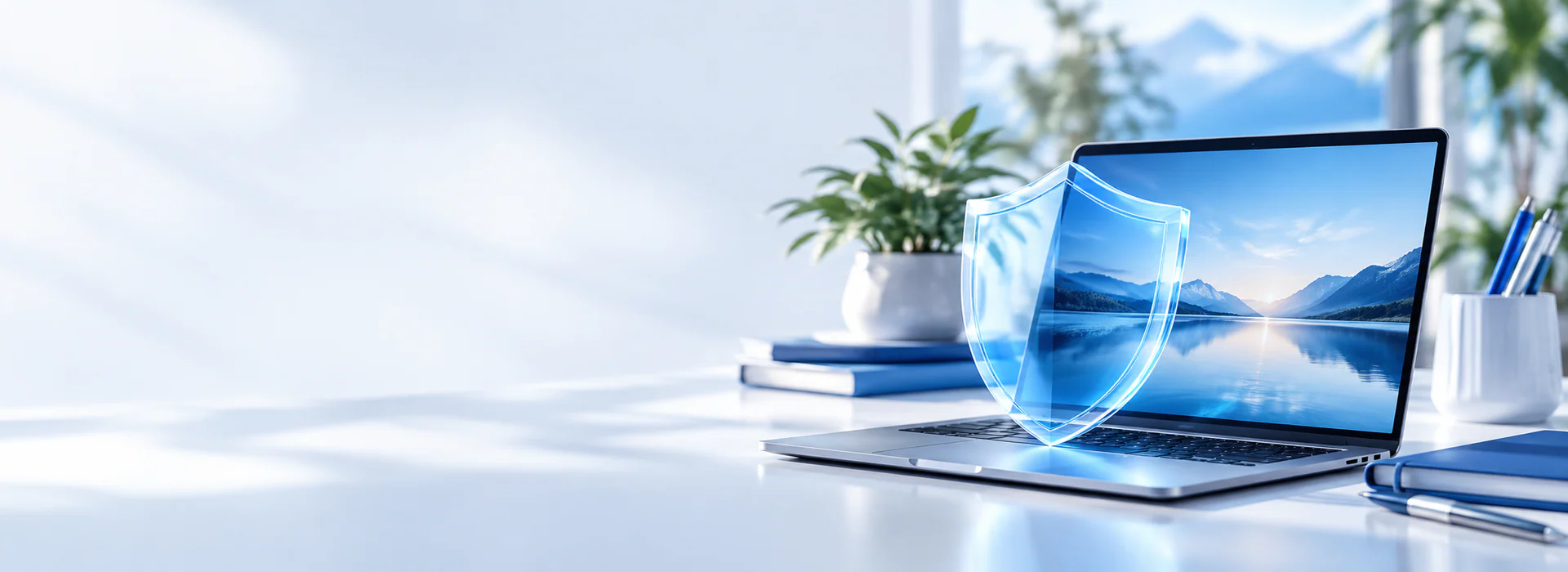 Laptop with restrained translucent blue shield and calm desk objects, protection and maintenance