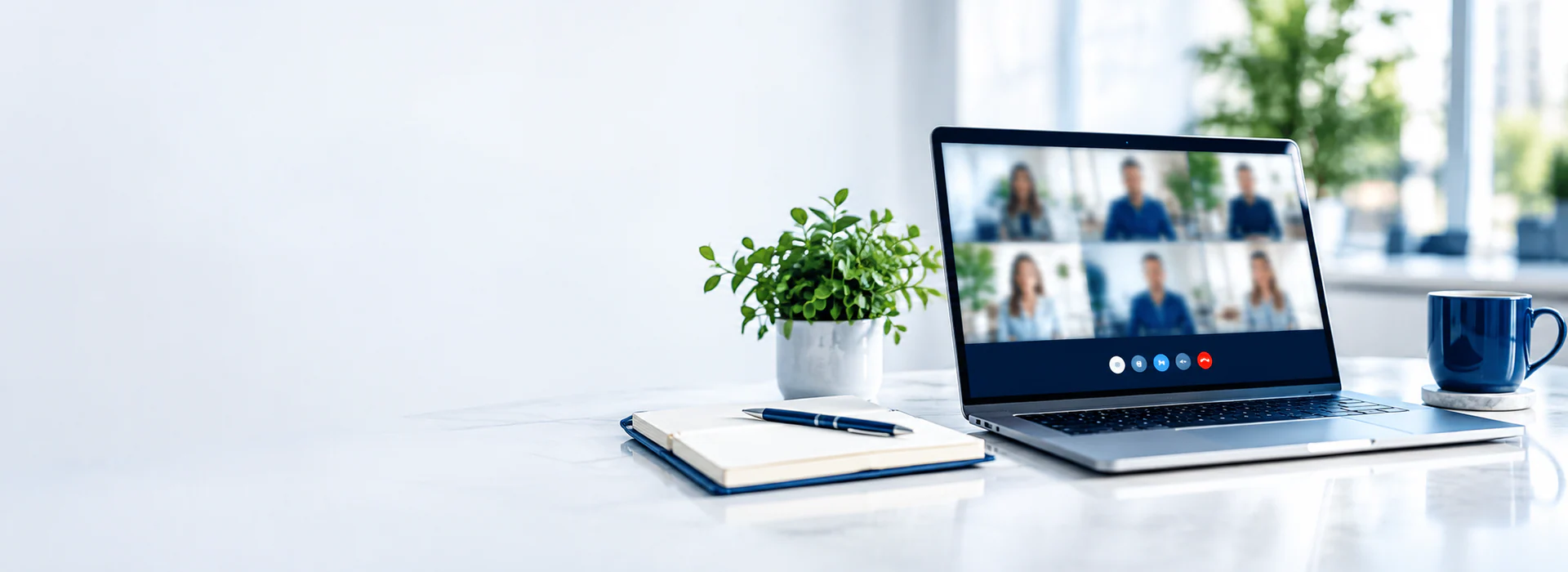 Laptop with anonymous out-of-focus video meeting silhouettes and notebook, welcoming bright studio