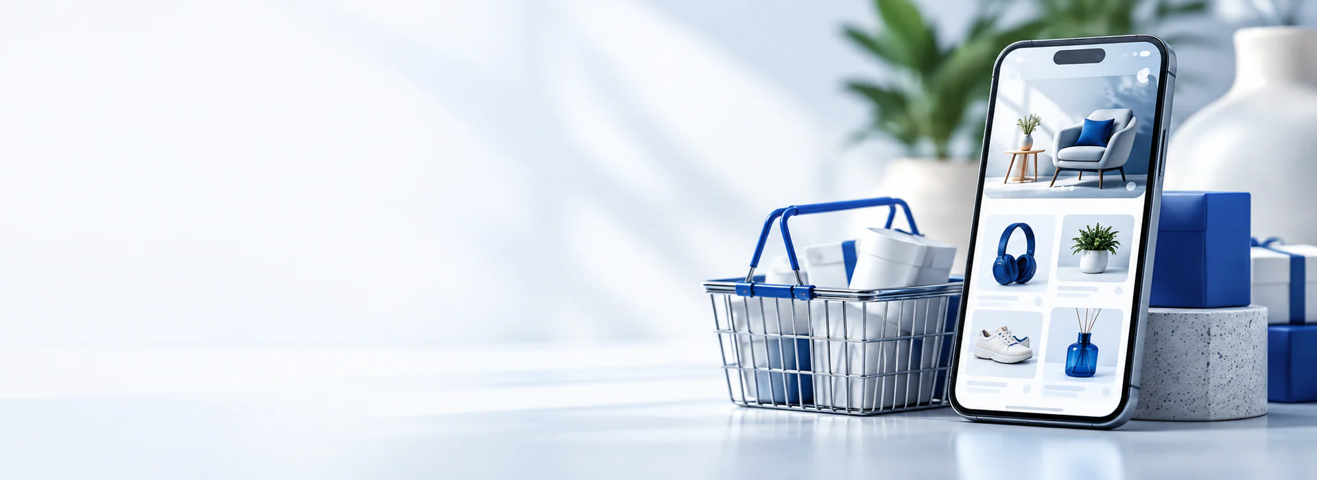 Smartphone and small refined shopping basket with white product parcels, visual online store screen
