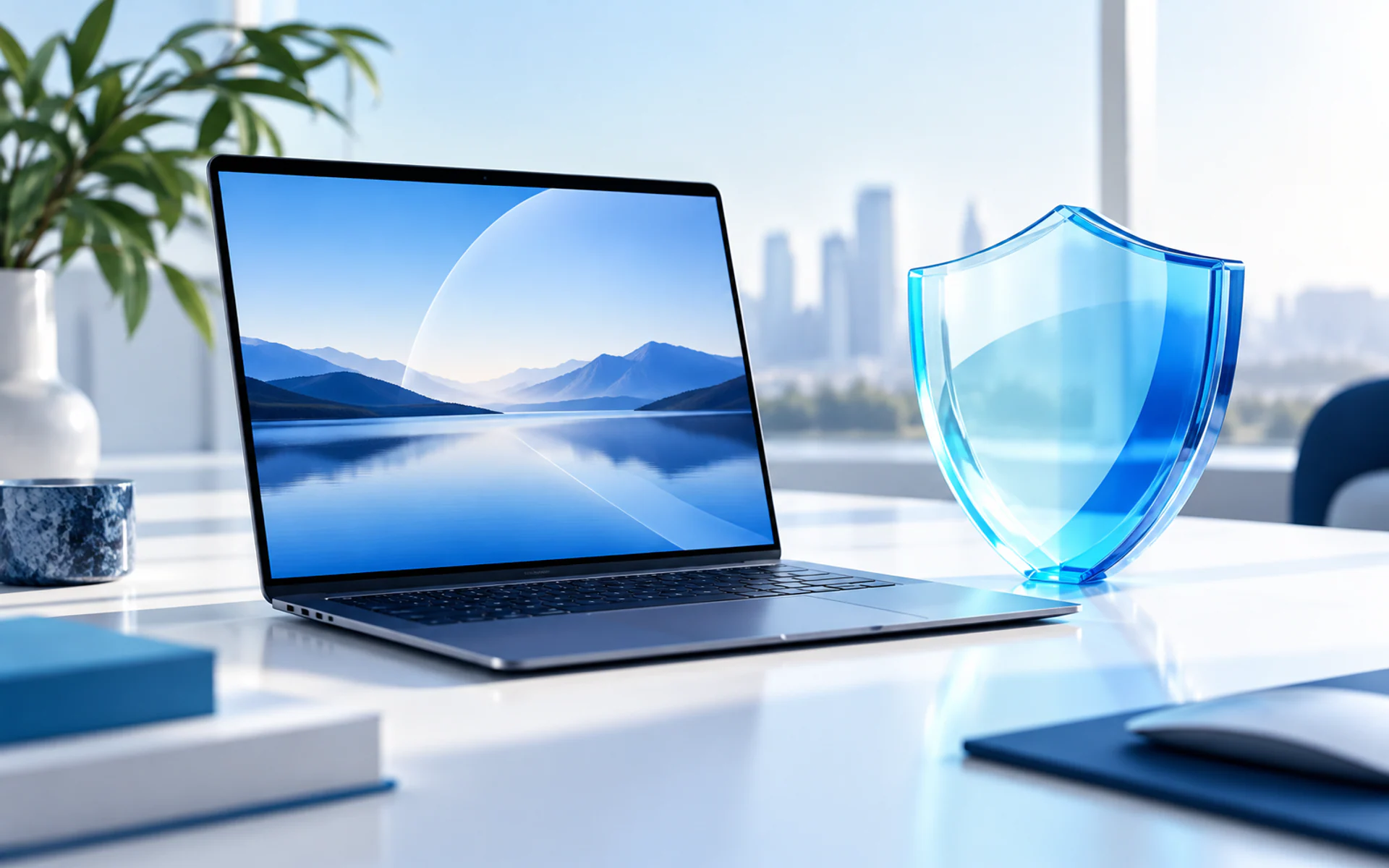 slim laptop and sculptural translucent cyan protective shield on white desk