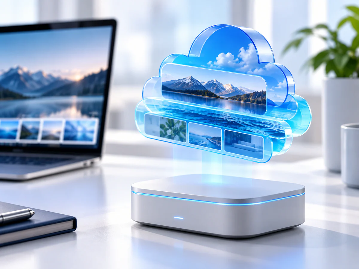 Cloud backup concept as tactile floating blue glass layers above a small white storage device