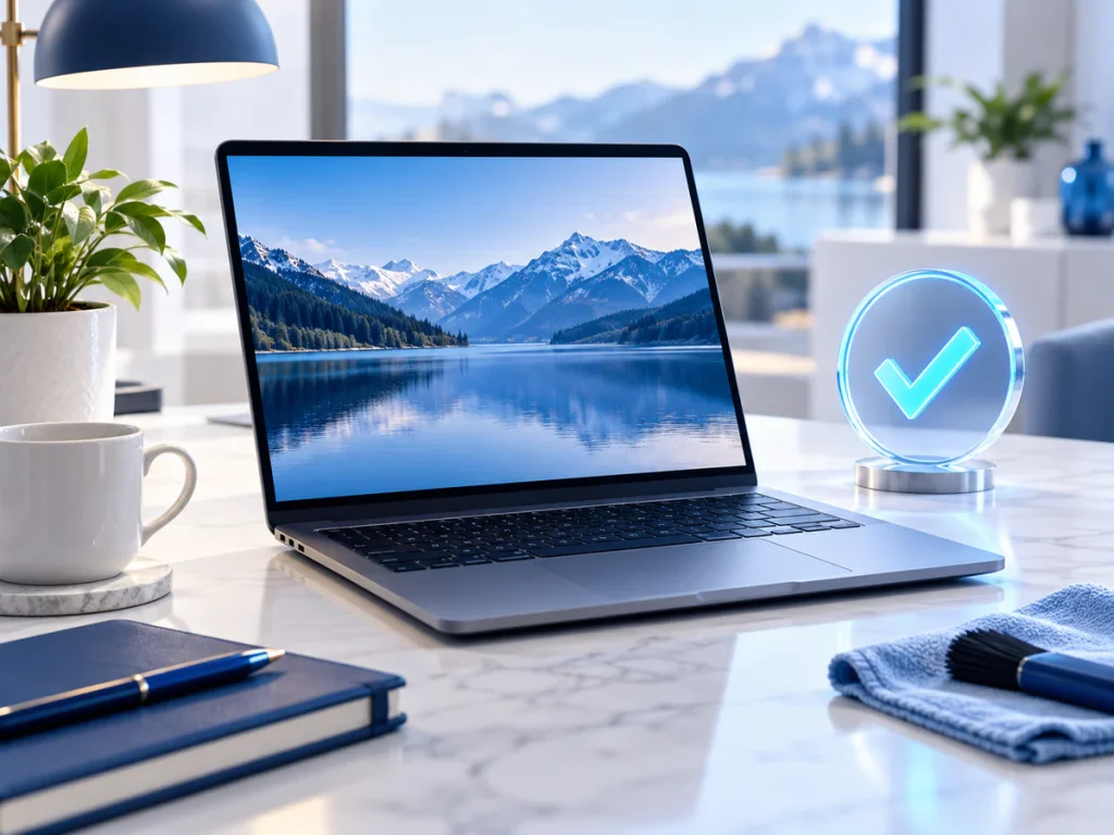 Close-up unbranded laptop with restrained luminous check symbol beside it