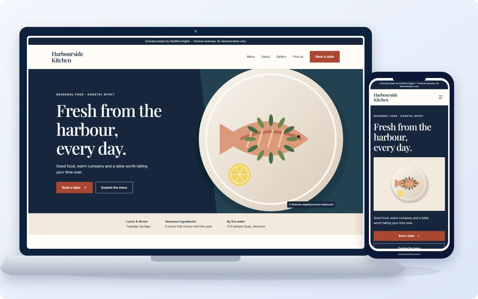 Harbourside Kitchen restaurant website concept on laptop and phone