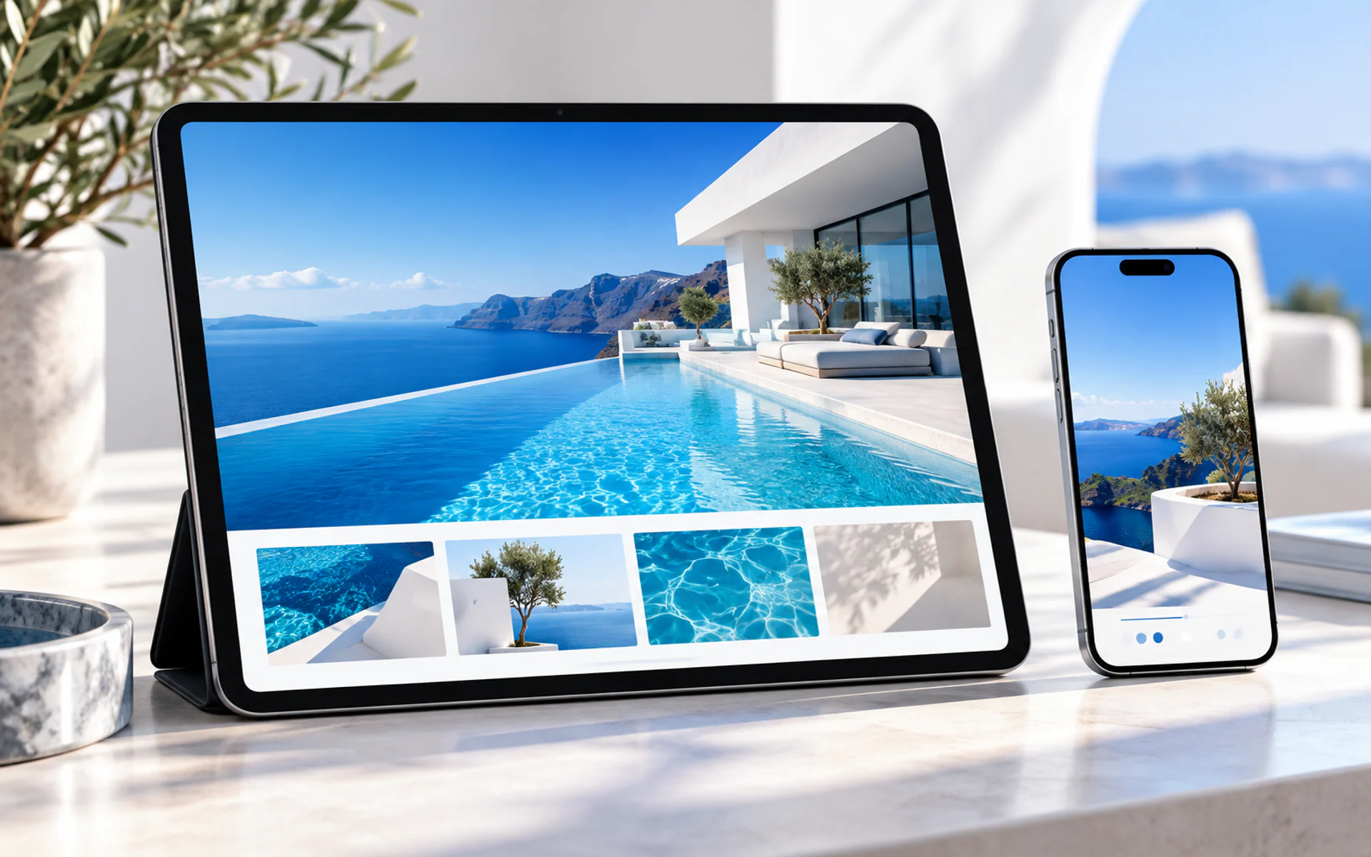 large tablet with a beautiful visual campaign landing page
