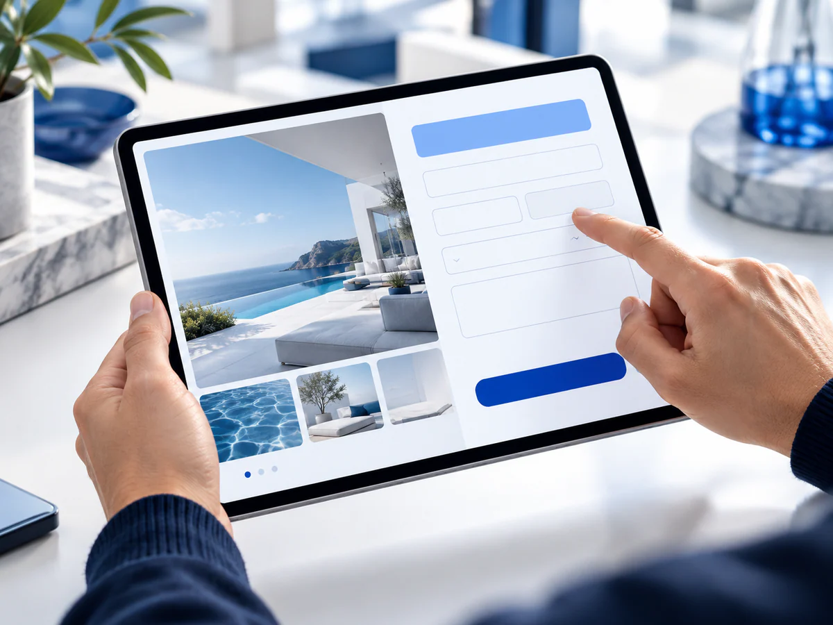 Anonymous hand using tablet displaying a visual single-page enquiry form built from blank geometric fields