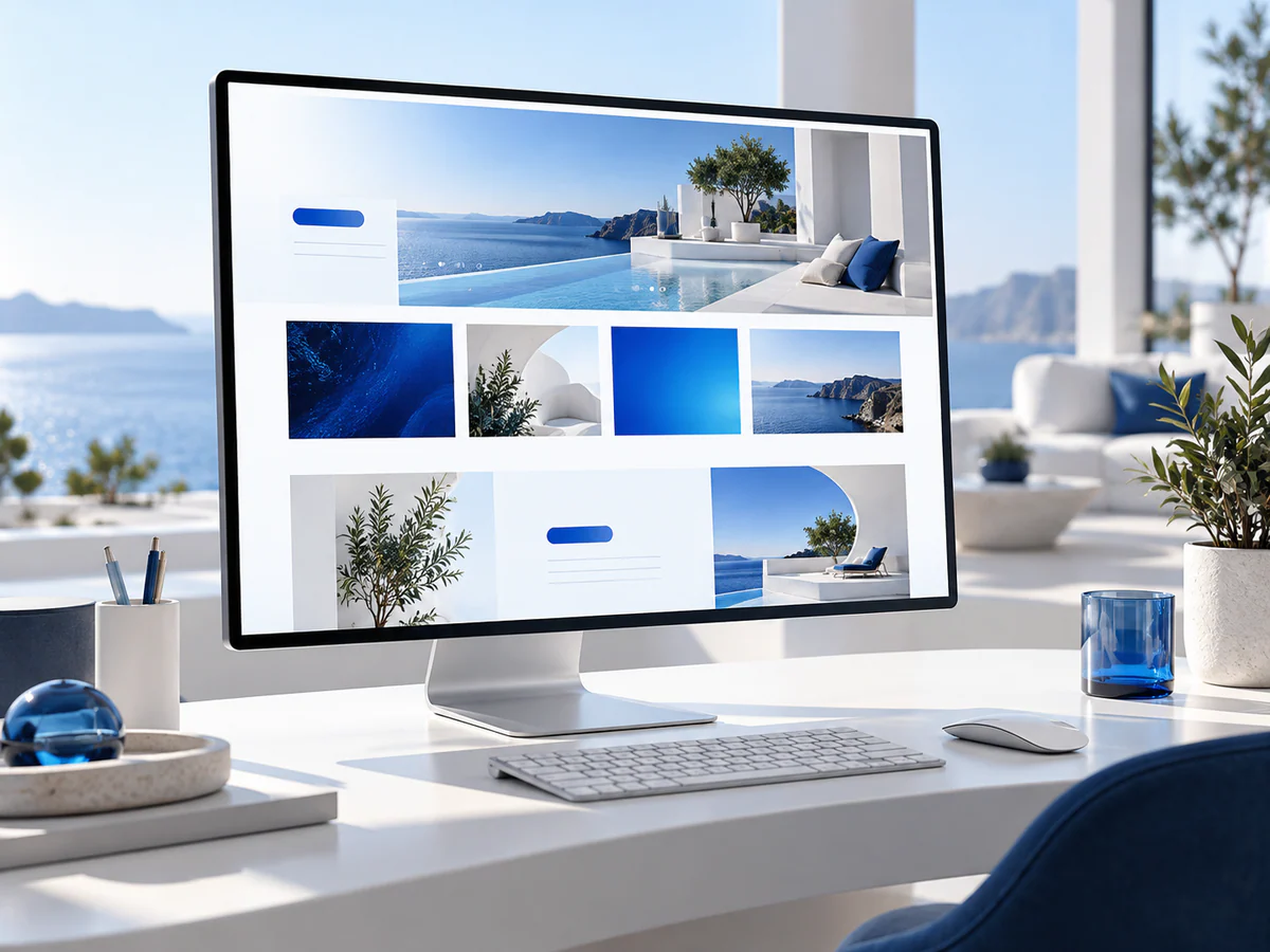 Premium monitor showing a long visually balanced webpage with photography and graphic colour blocks