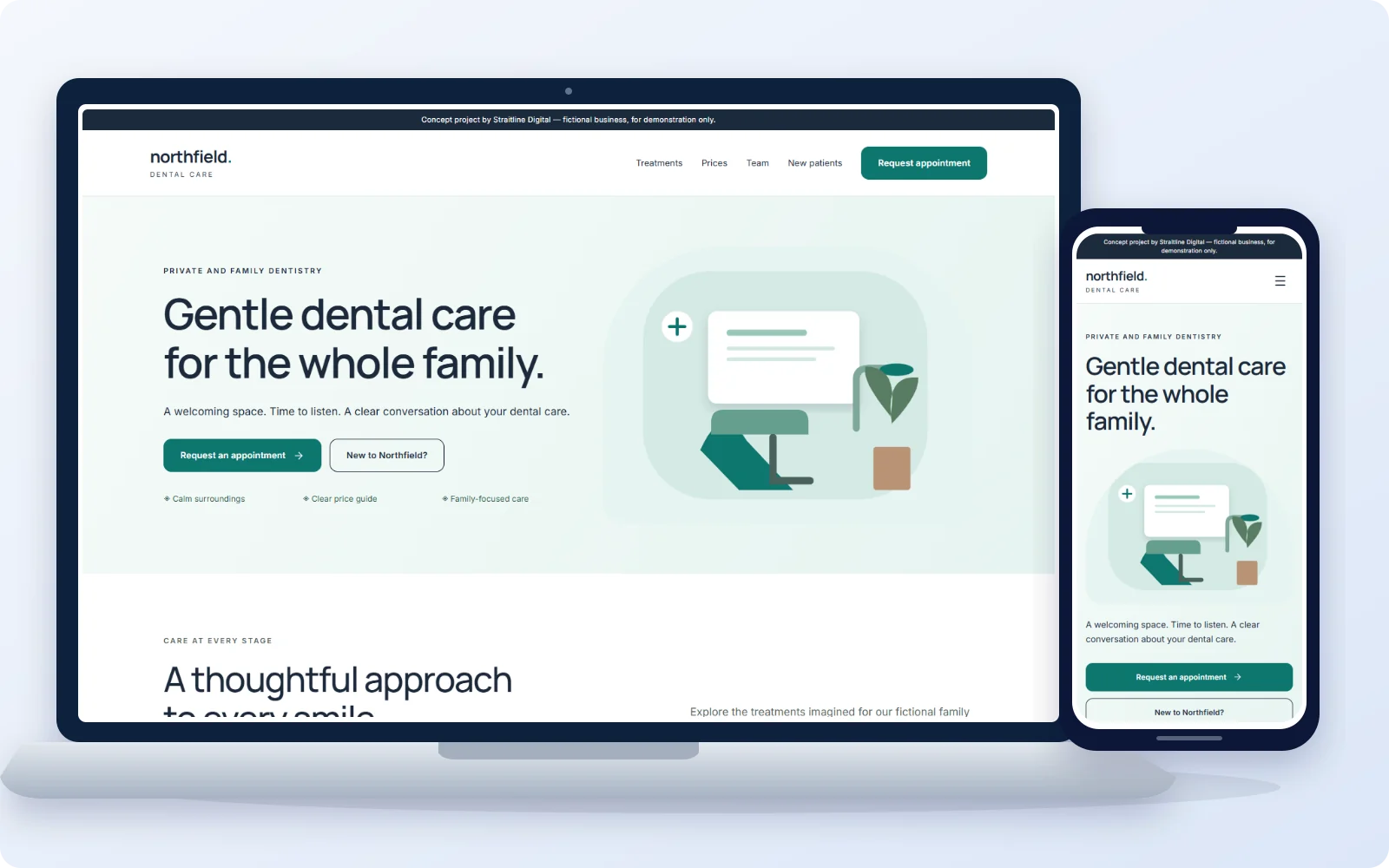 Northfield Dental Care website concept on laptop and phone