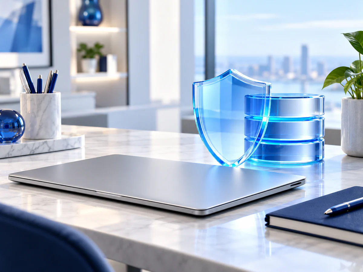 Calm minimalist service desk with a closed silver laptop