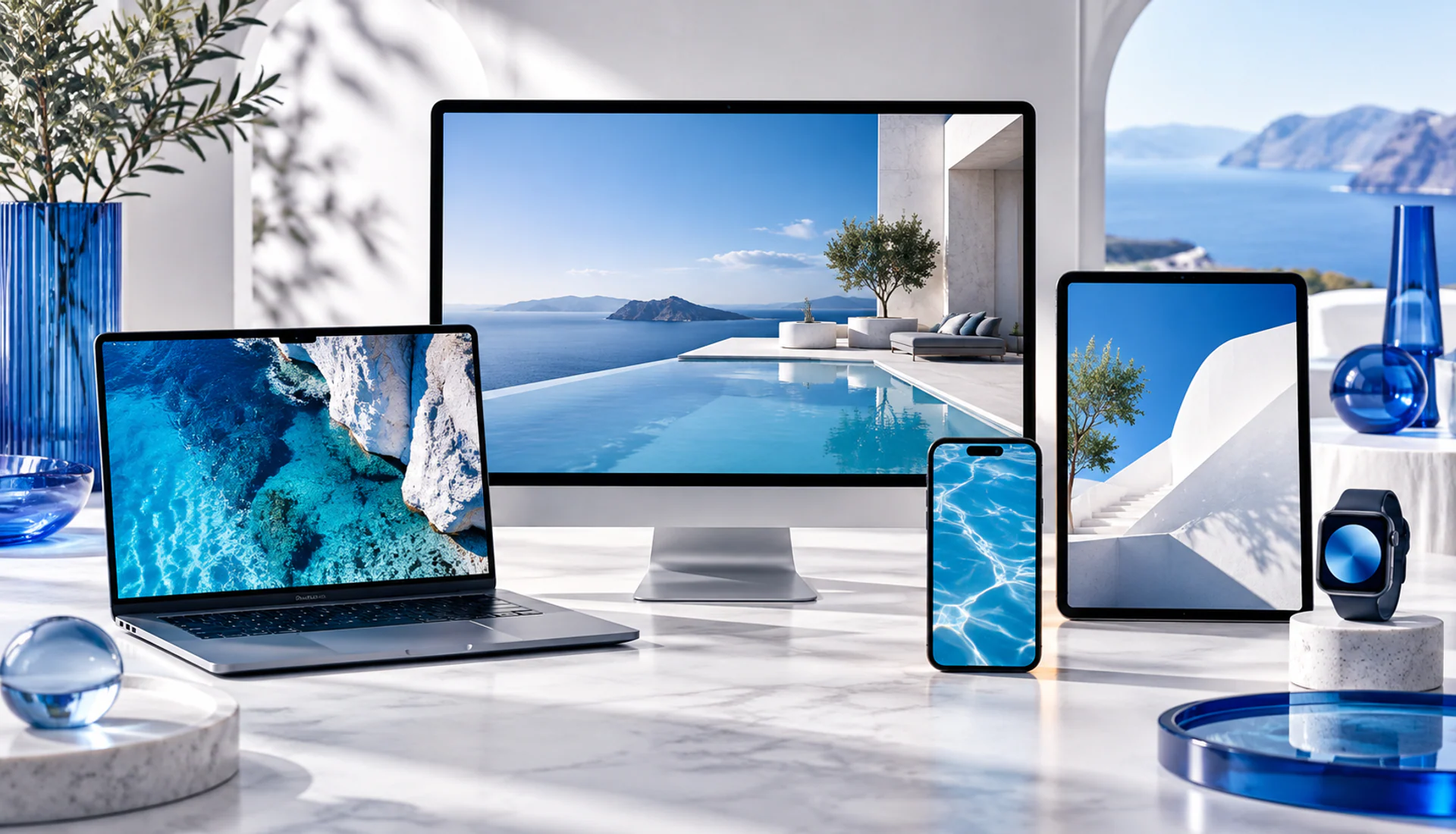 Bright curated studio table with five different unbranded devices and blue glass objects suggesting distinct digital services
