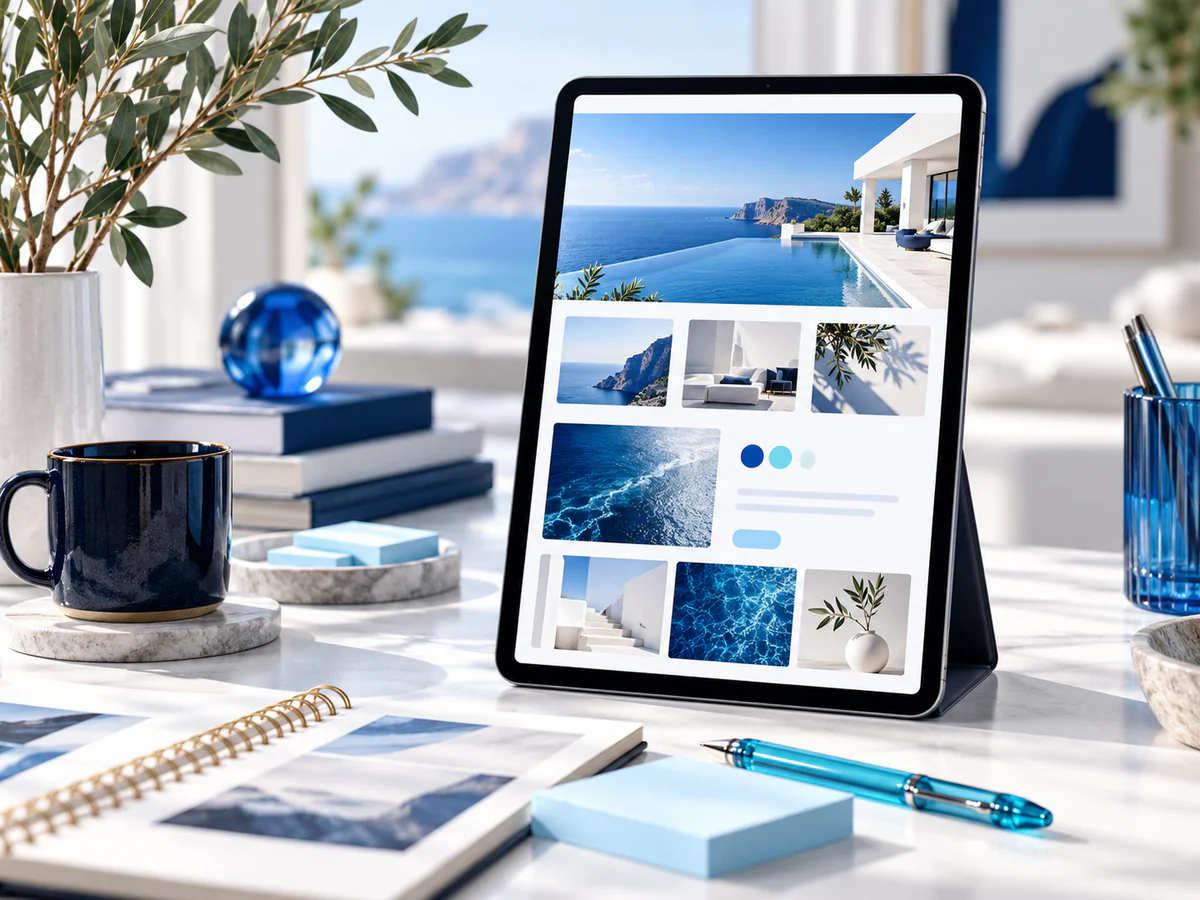 Focused campaign planning workspace with an upright tablet showing one elegant long visual landing page