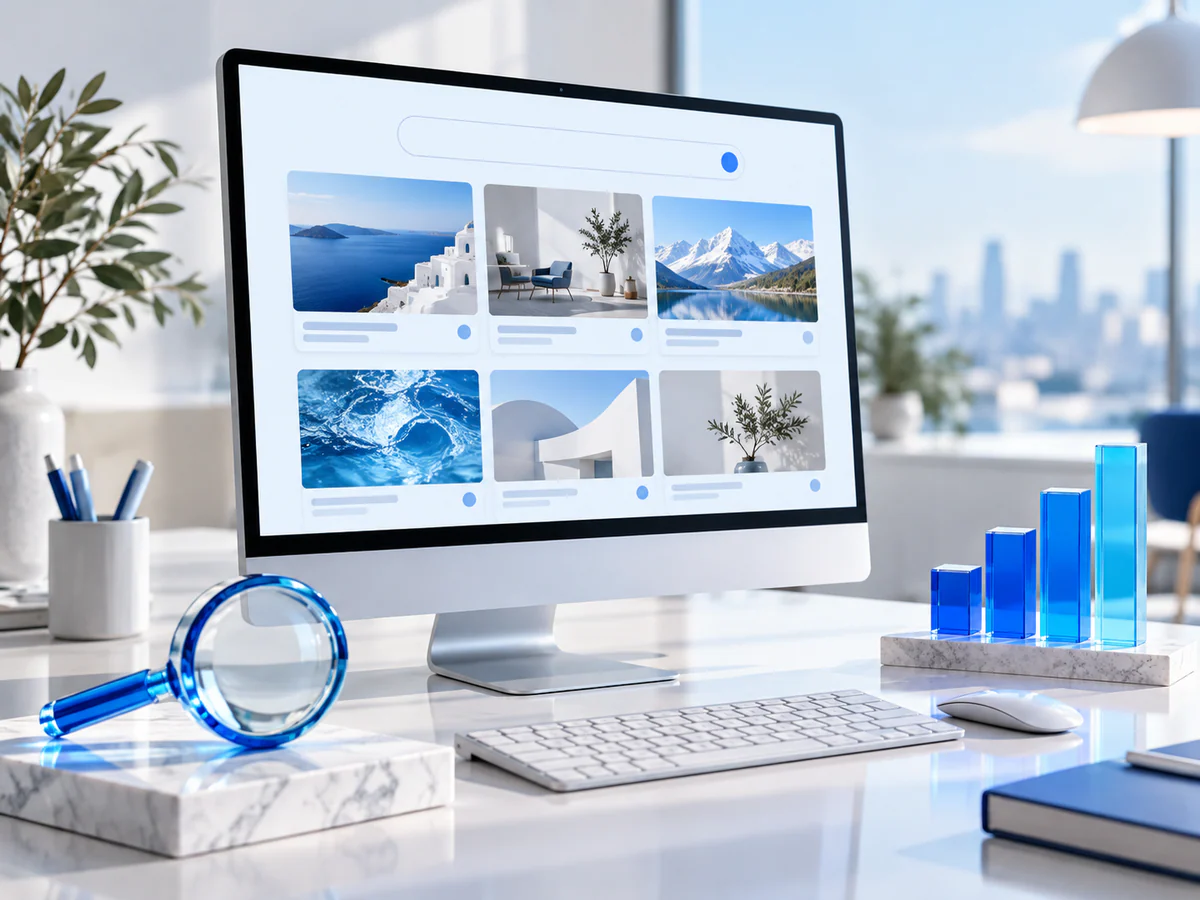 Refined bright research desk with slim monitor showing abstract search result cards