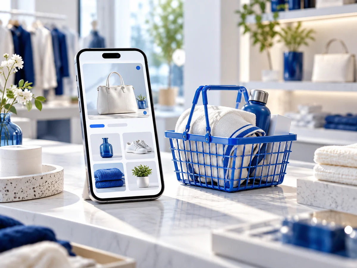 Modern boutique retail counter with a smartphone displaying visual product photography and a small blue basket