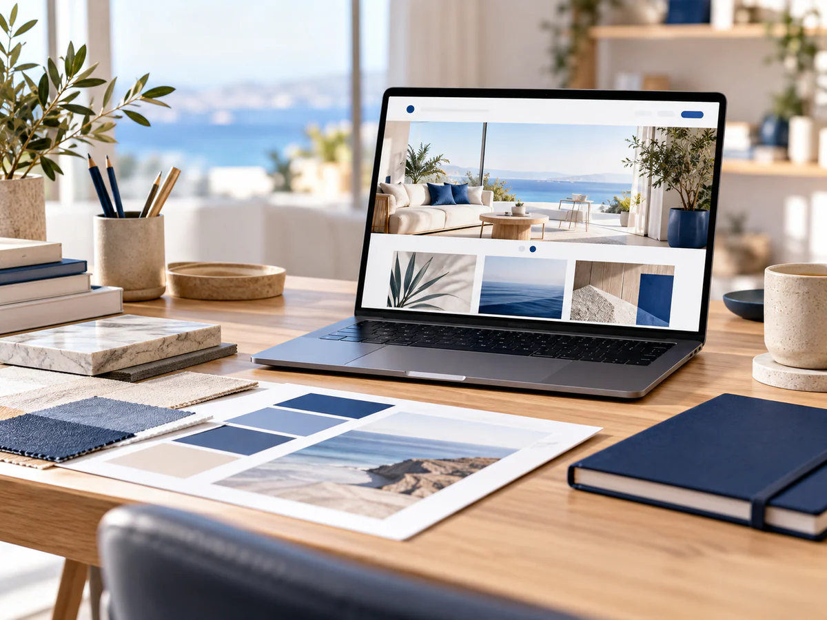 Warm bright independent office with a slim laptop displaying a refined small business website
