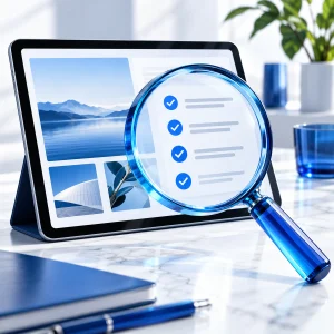 Tablet and elegant blue glass magnifying lens with blank checklist lines and small blue check symbols
