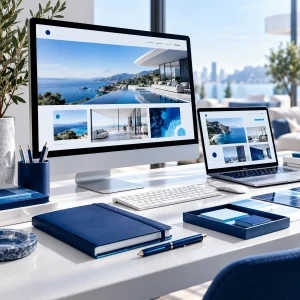 Large monitor and laptop displaying a comprehensive visual business website
