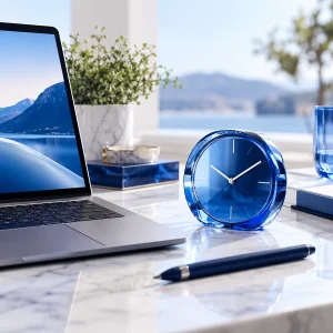 Laptop keyboard beside elegant unnumbered blue glass clock and a stylus