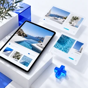 Tablet alongside two elevated white glass webpage panels with visual photographs