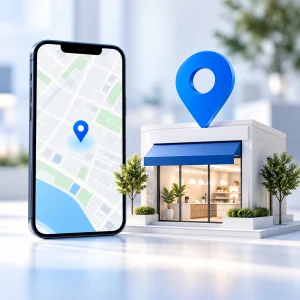 A blue map pin and a minimal white storefront architectural miniature beside a phone with a blank map view