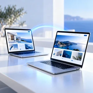 Two clean silver laptops with a gentle blue light arc connecting them