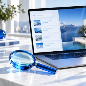 Blue glass magnifying lens resting beside laptop with abstract search rows