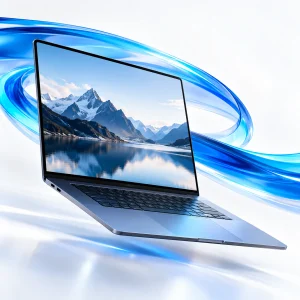 Sleek laptop with sculptural cyan light ribbon suggesting fast motion