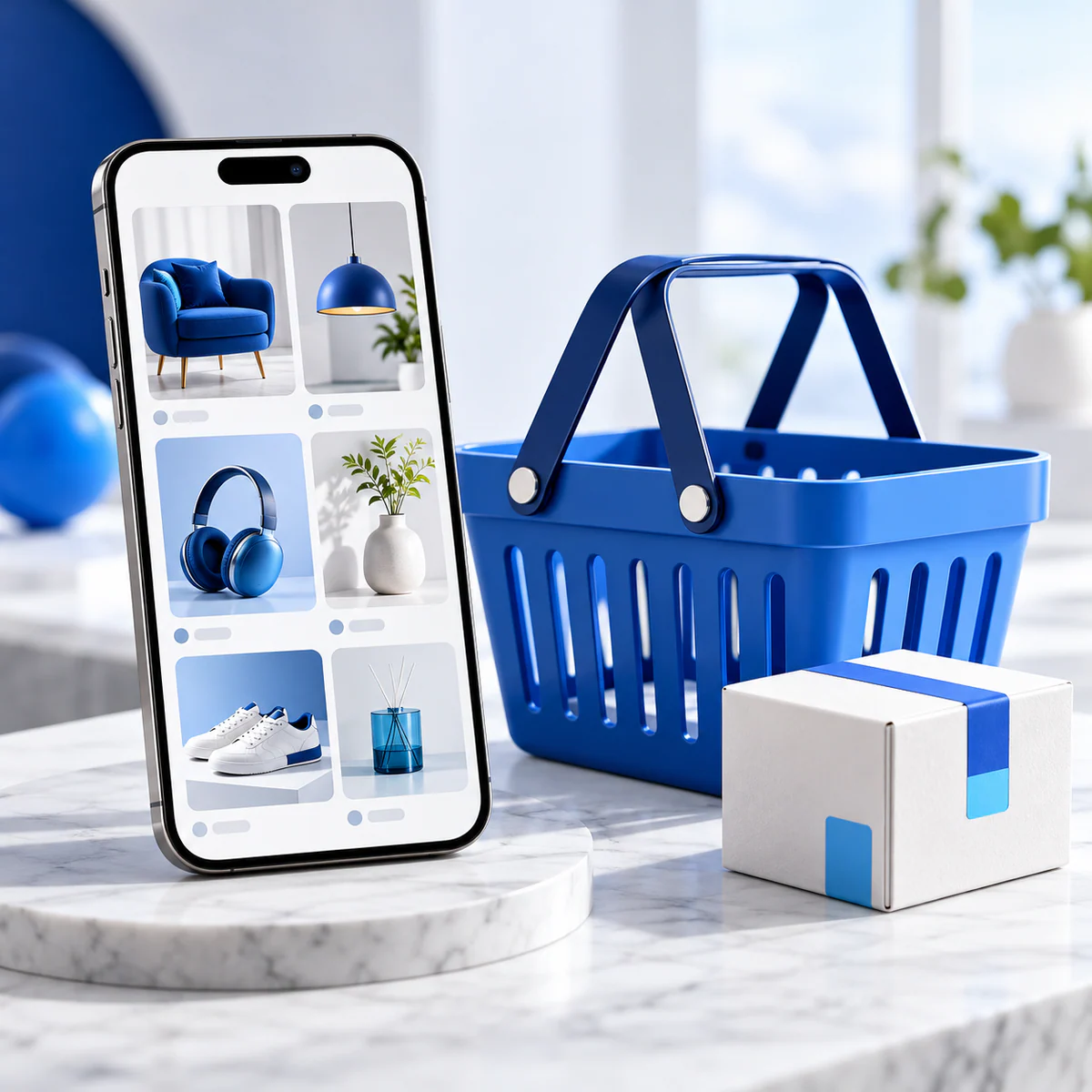 Smartphone with visual product grid next to sculptural blue shopping basket and small white parcel