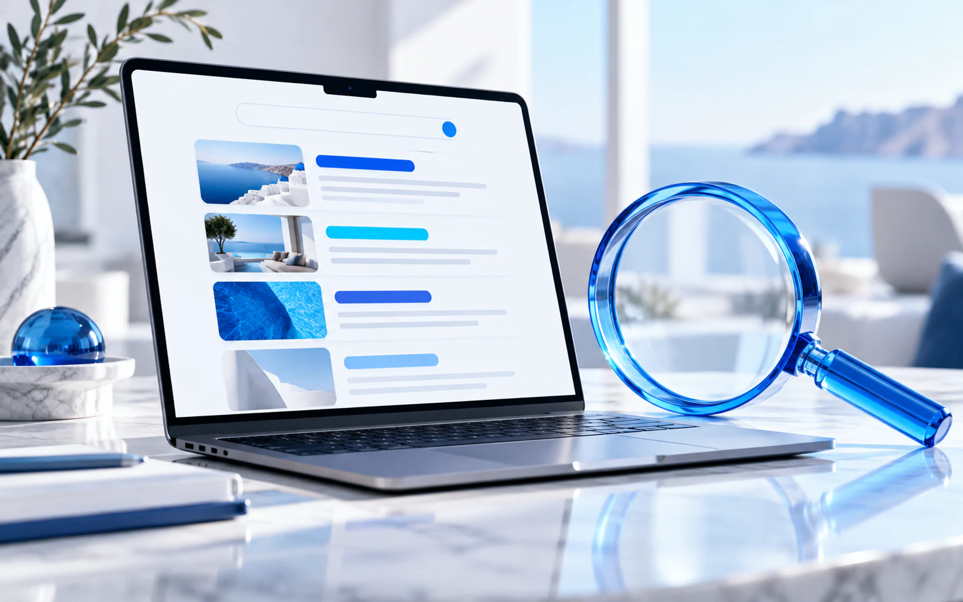 laptop showing abstract search result rows beside an elegant translucent blue magnifying glass