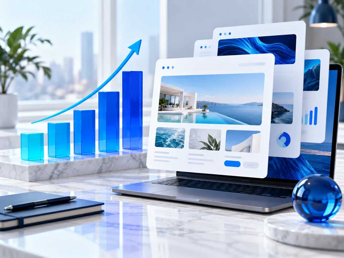 Sculptural blue ascending chart and layered white web-page panels beside a laptop