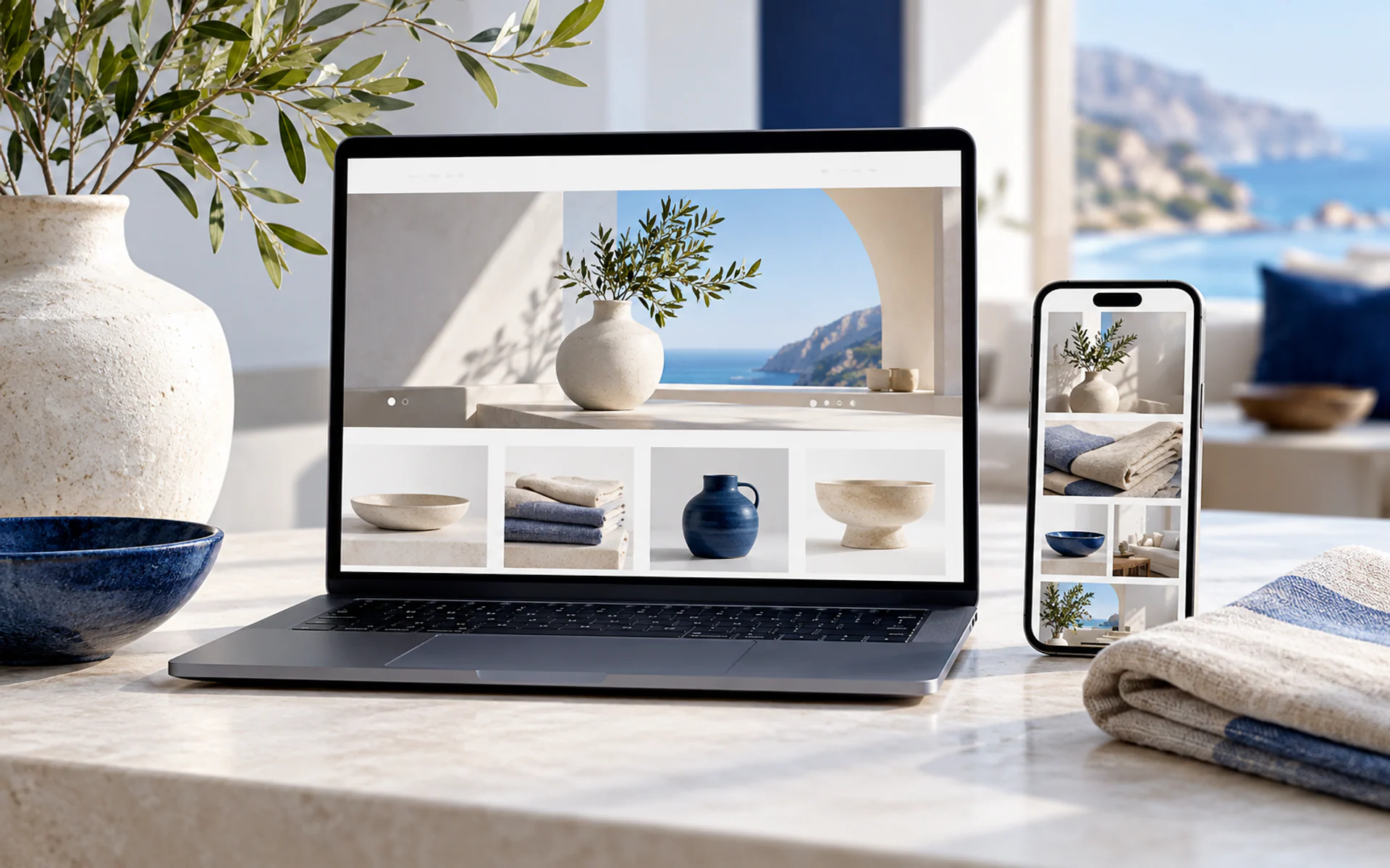 luxury product photography of laptop and phone showing an elegant homewares online store
