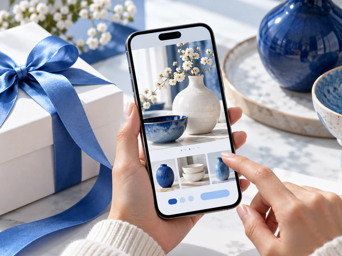 Close product detail on a smartphone with ceramic homewares pictured on screen