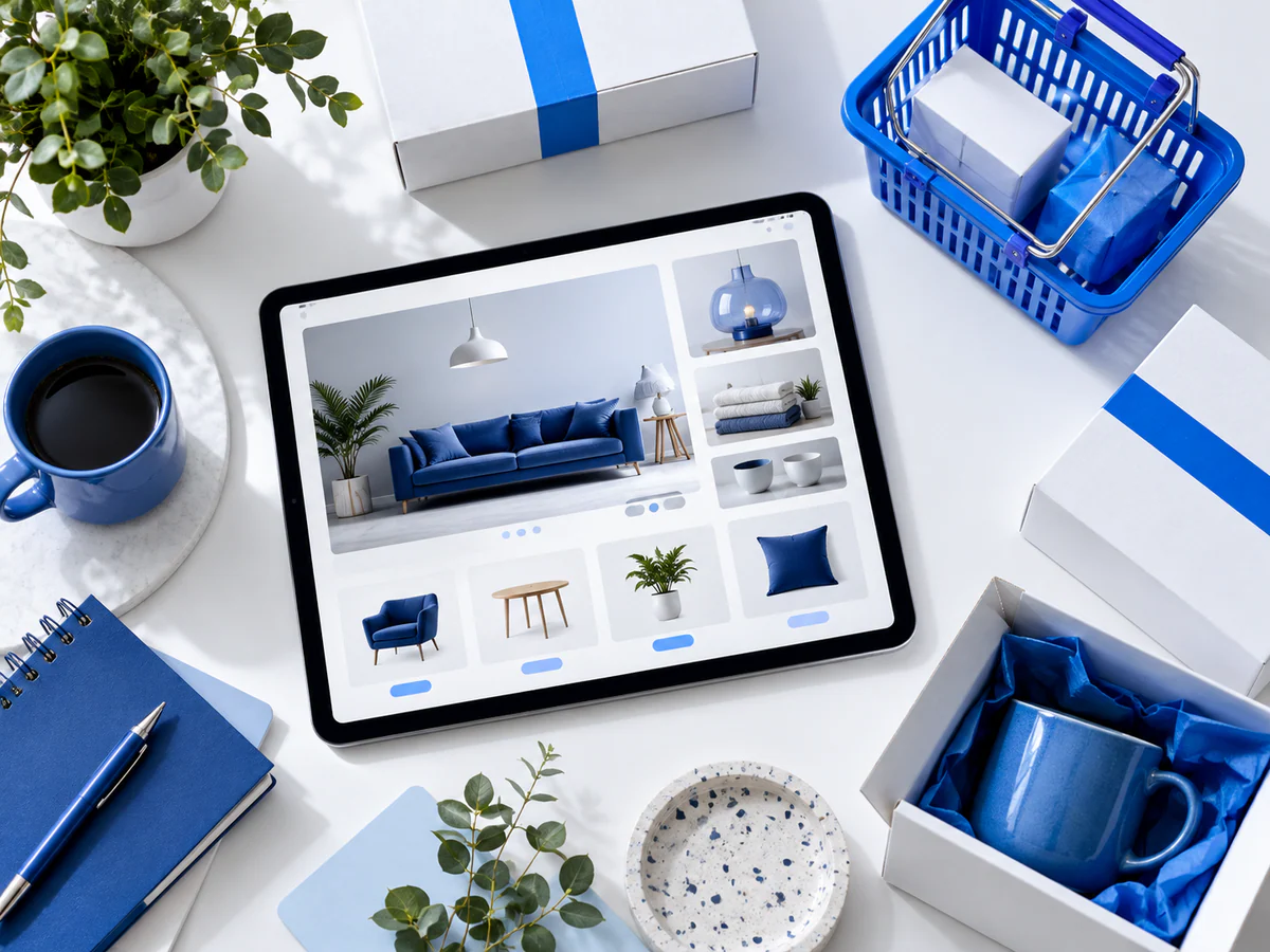 Overhead view of a minimal ecommerce workspace with a tablet