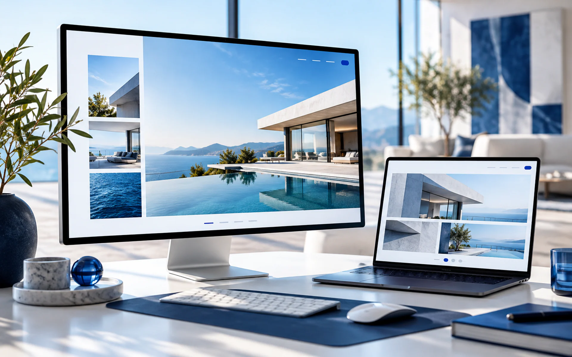 refined desktop monitor and slim laptop showing a beautiful architectural business website in a sunlit studio