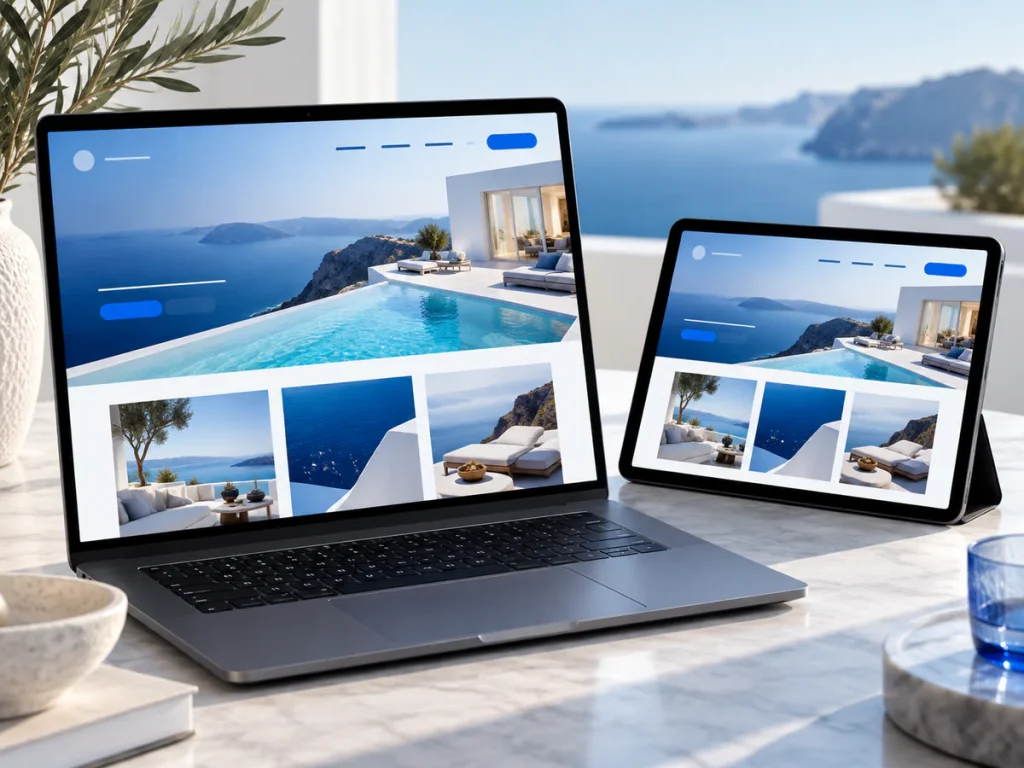 Close-up of laptop and tablet with the same tasteful visual website adapted to their screens