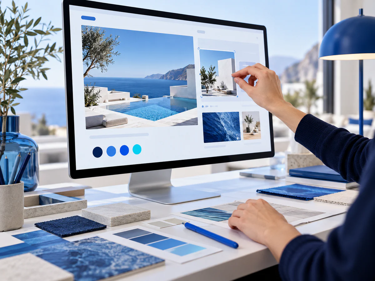 Anonymous hands adjusting a visual website layout on a large monitor